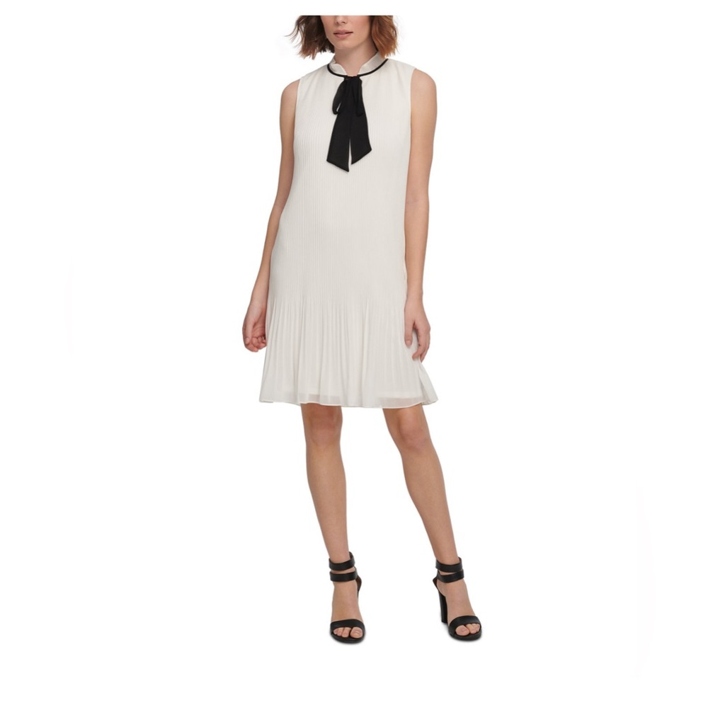 DKNY white Sleeveless Pleated Tie-Neck Shift Dress NWT